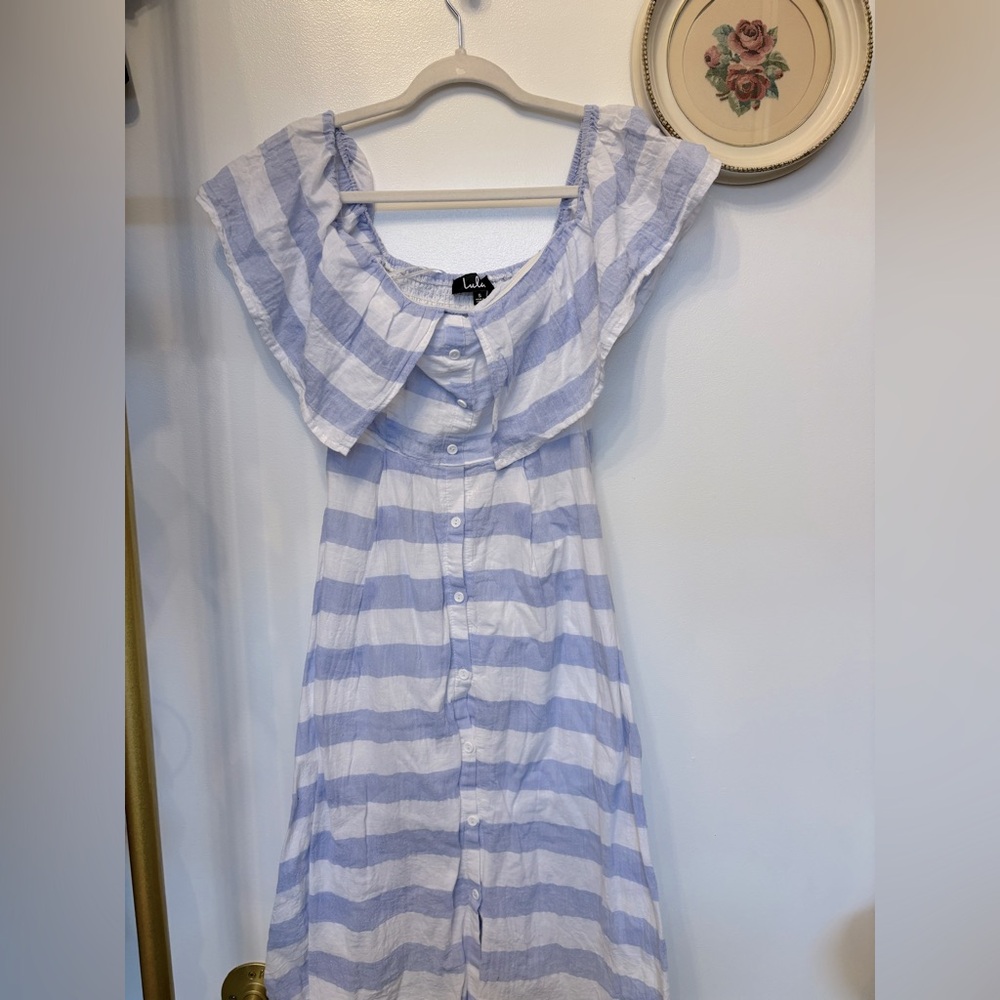 Blue & white stripe off the shoulder sun dress